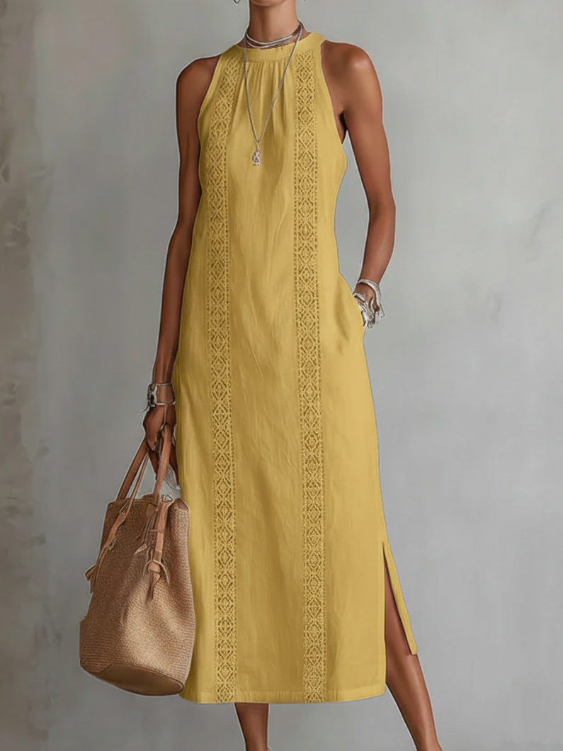 Relaxed midi women's dress featuring a mandarin collar, made from a lightweight cotton linen blend, perfect for summer wear. 5