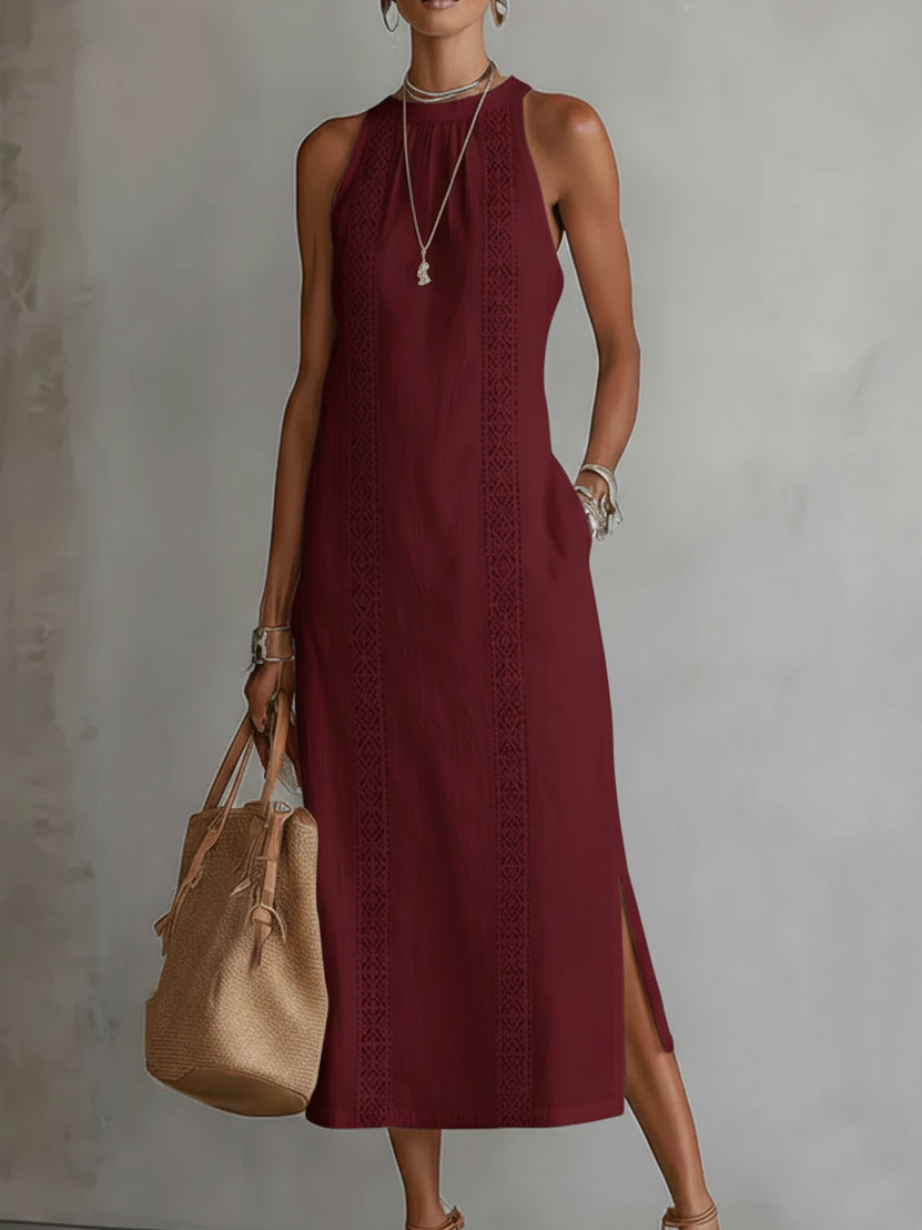 Relaxed midi women's dress featuring a mandarin collar, made from a lightweight cotton linen blend, perfect for summer wear. 6