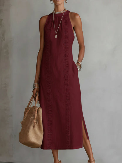 Relaxed midi women's dress featuring a mandarin collar, made from a lightweight cotton linen blend, perfect for summer wear. 6