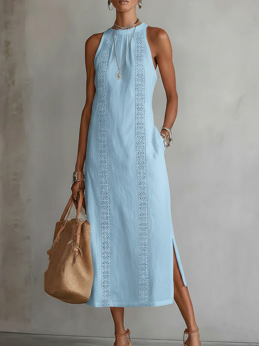 Relaxed midi women's dress featuring a mandarin collar, made from a lightweight cotton linen blend, perfect for summer wear. 7