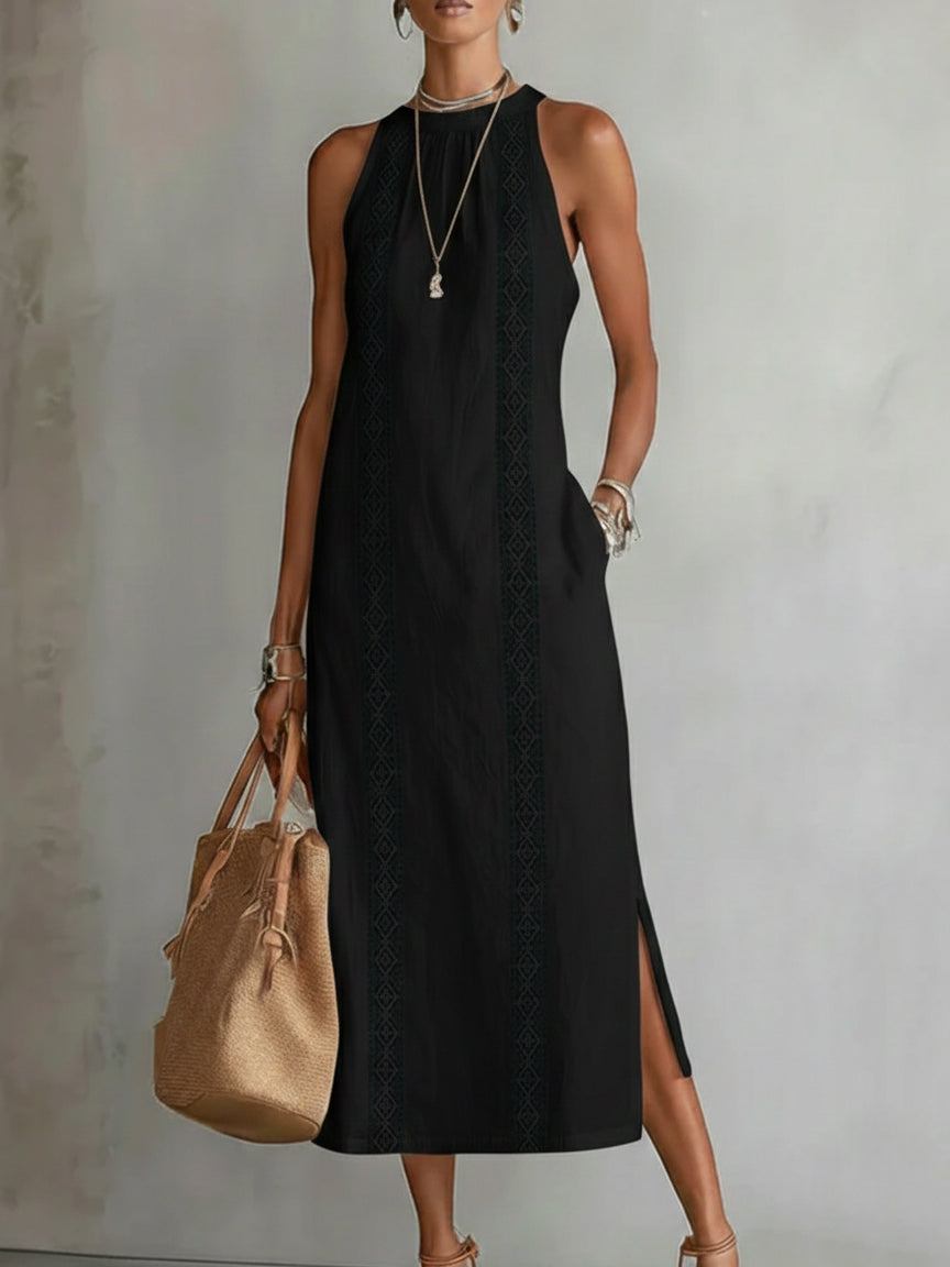 Relaxed midi women's dress featuring a mandarin collar, made from a lightweight cotton linen blend, perfect for summer wear. 8