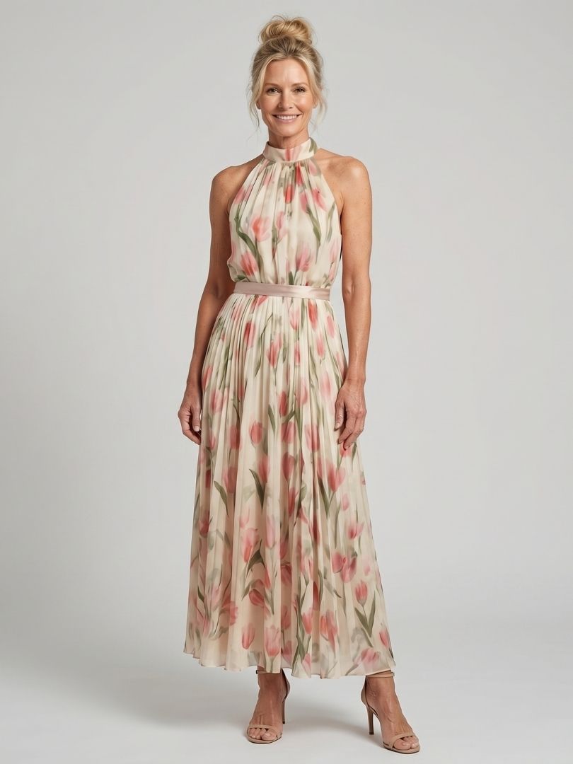Lightweight floral midi dress for women featuring a stylish belt detail, perfect for wedding guests and summer events. 0