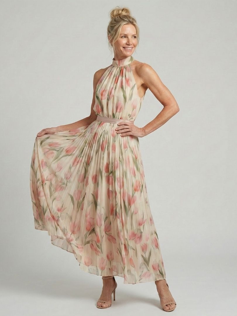 Lightweight floral midi dress for women featuring a stylish belt detail, perfect for wedding guests and summer events. 2