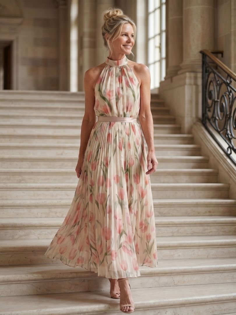 Lightweight floral midi dress for women featuring a stylish belt detail, perfect for wedding guests and summer events. 6