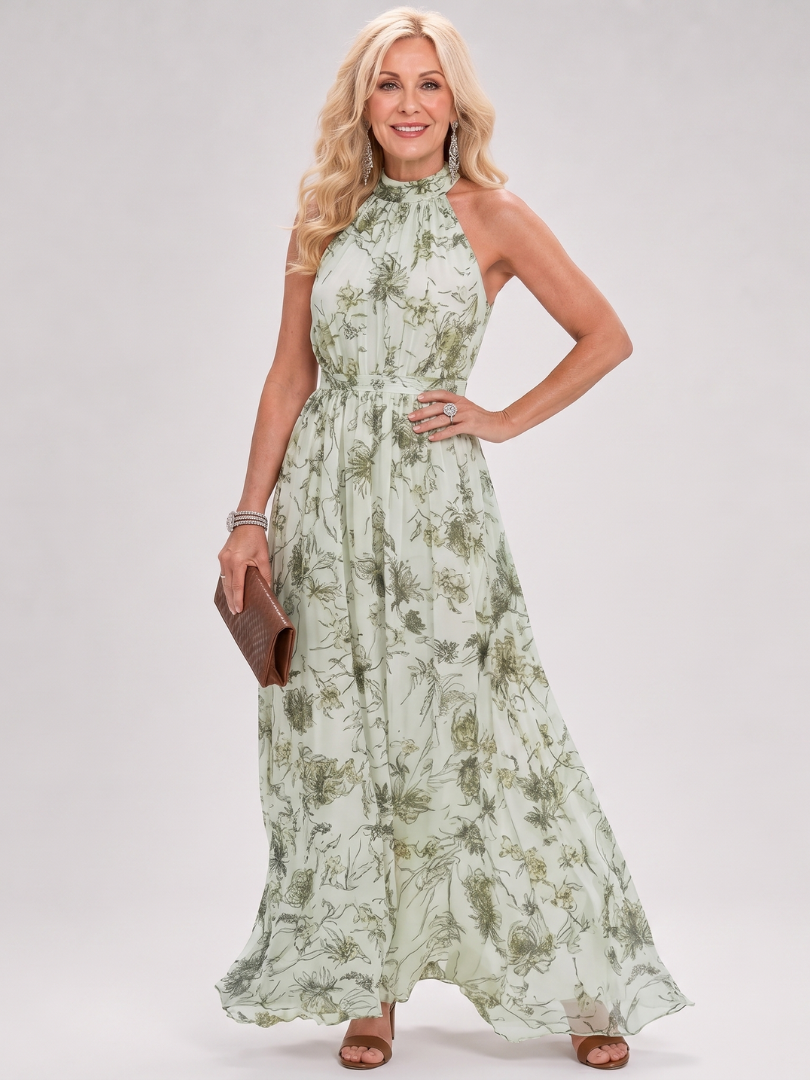 Womens floral print midi dress with halter neckline and flowing skirt, perfect for summer weddings or special occasions. 5