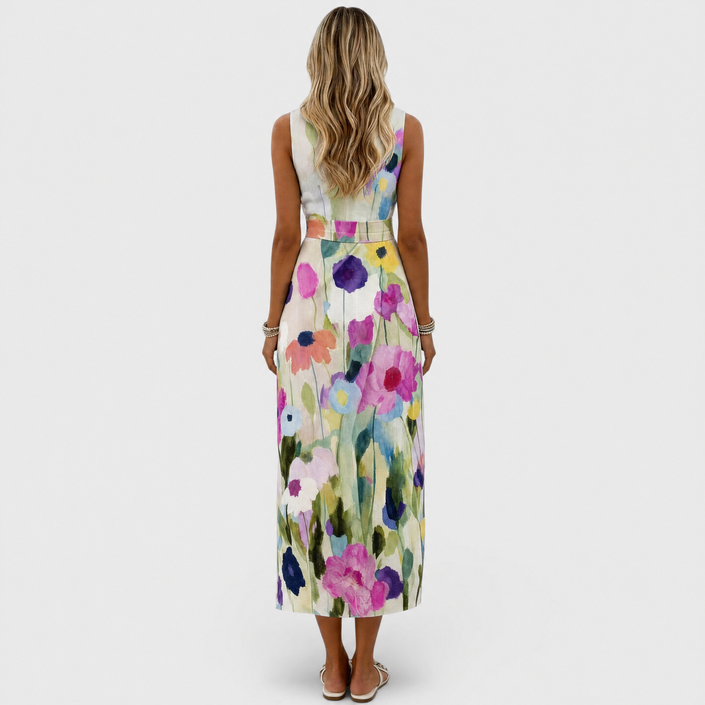 Womens floral midi dress featuring an A-line silhouette and waist belt, designed with a vibrant watercolor print, perfect for summer occasions. 3