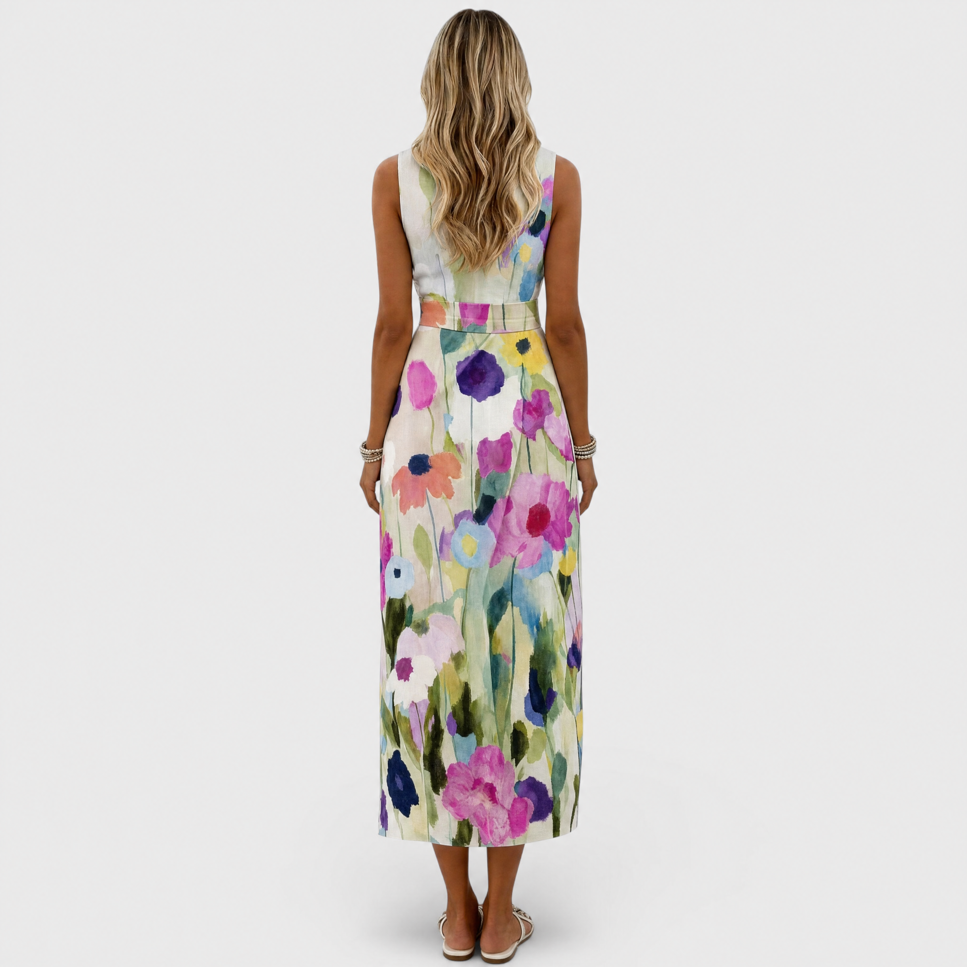 Womens floral midi dress featuring an A-line silhouette and waist belt, designed with a vibrant watercolor print, perfect for summer occasions. 3