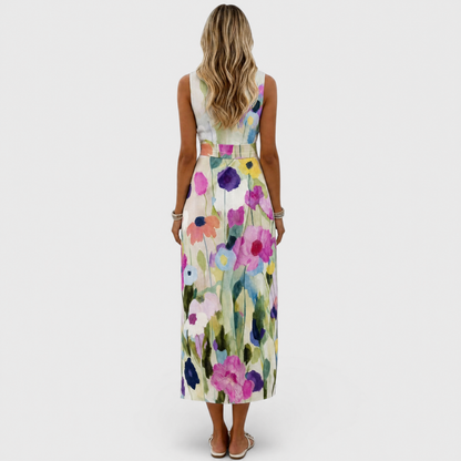 Womens floral midi dress featuring an A-line silhouette and waist belt, designed with a vibrant watercolor print, perfect for summer occasions. 3