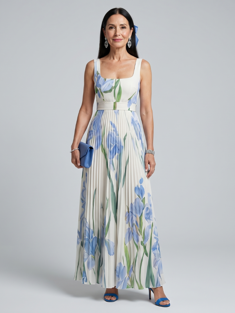 Women's floral midi dress featuring a stylish square neckline, perfect for summer weddings, crafted from lightweight fabric for comfort and elegance. 0