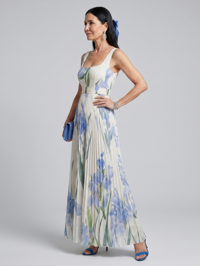 Women's floral midi dress featuring a stylish square neckline, perfect for summer weddings, crafted from lightweight fabric for comfort and elegance. 1