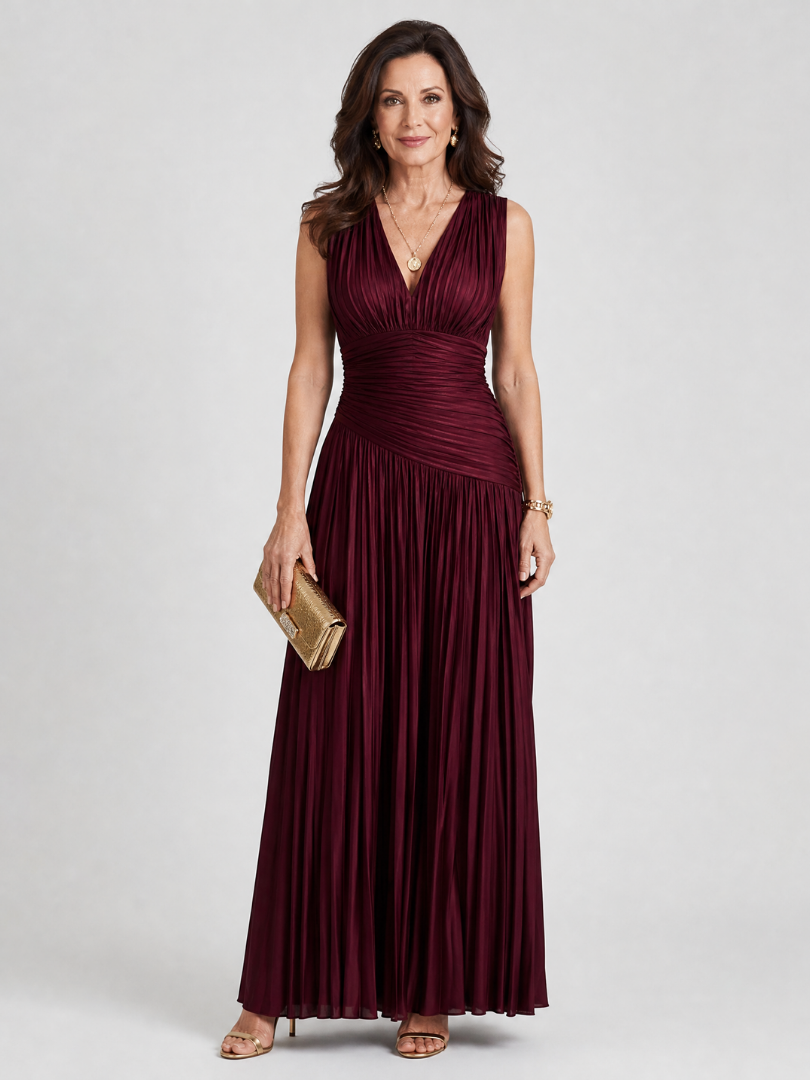 Womens Midi Dress with Pleated V Neck, perfect for weddings and special occasions, featuring a lightweight and elegant design. 0