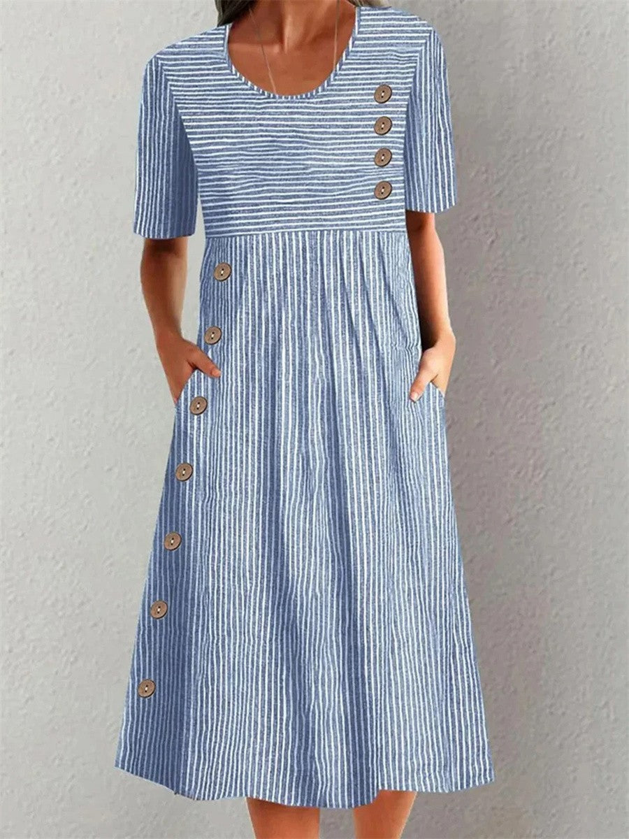 Womens striped summer dress featuring a flattering fit, breathable fabric, and midi length, perfect for casual wear. 0
