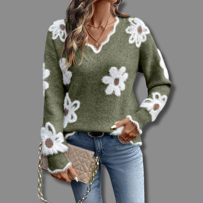 Womens V-neck sweater featuring floral accents, cozy knit design, perfect for casual and stylish outfits. 4