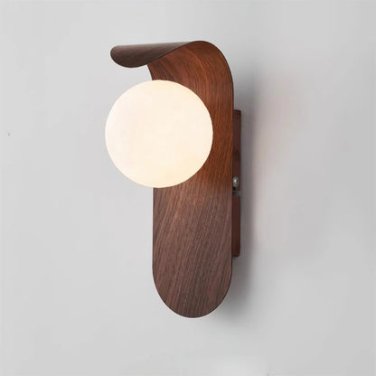 Wood wall light featuring a dimmable opal globe shade, designed as a modern bathroom sconce to create a cozy ambiance. 0