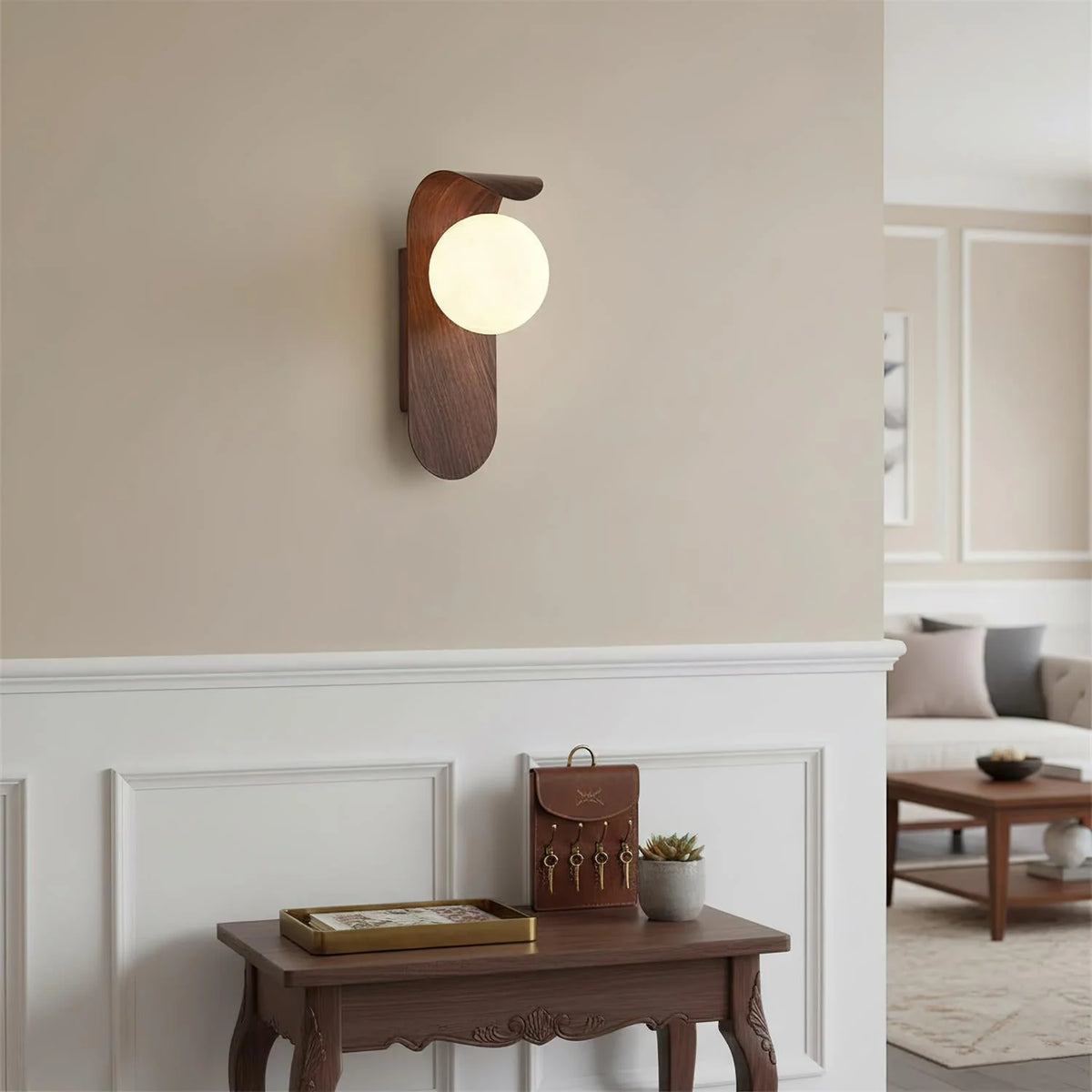 Wood wall light featuring a dimmable opal globe shade, designed as a modern bathroom sconce to create a cozy ambiance. 2