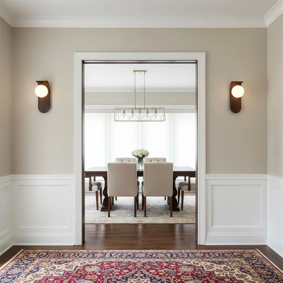 Wood wall light featuring a dimmable opal globe shade, designed as a modern bathroom sconce to create a cozy ambiance. 3