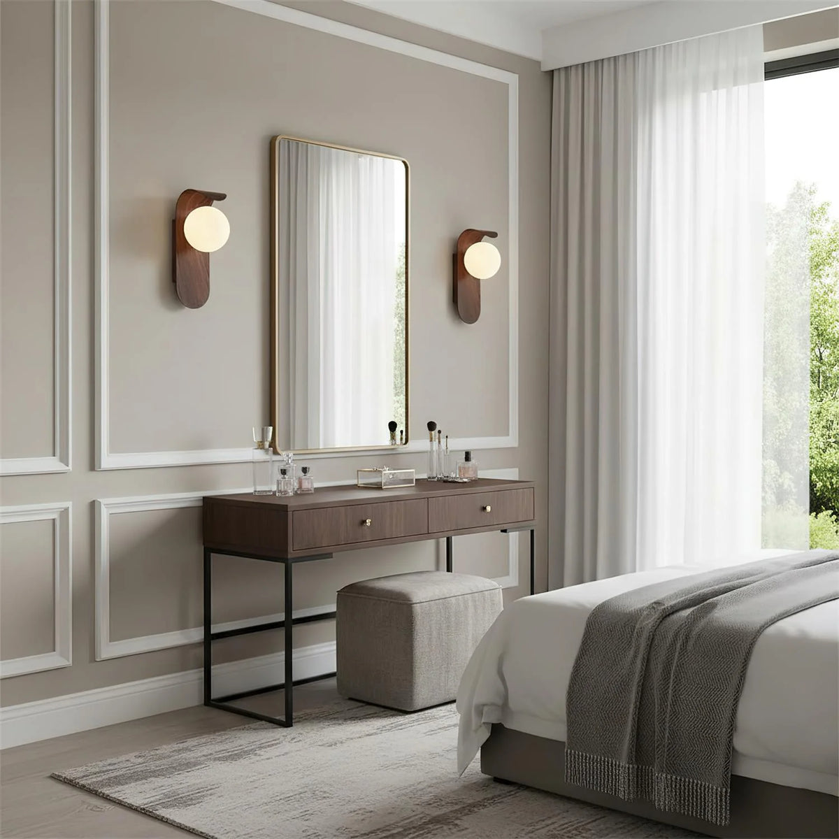 Wood wall light featuring a dimmable opal globe shade, designed as a modern bathroom sconce to create a cozy ambiance. 8