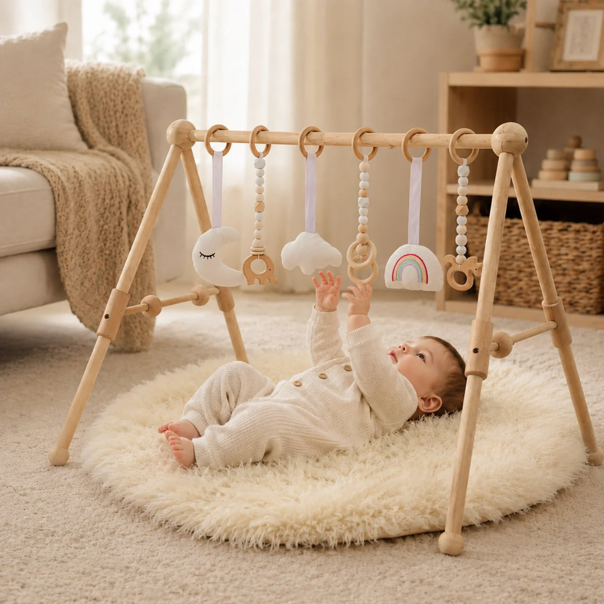 Wooden baby play gym featuring a natural wood minimalist design, equipped with colorful sensory toys for newborn and infant development. 0