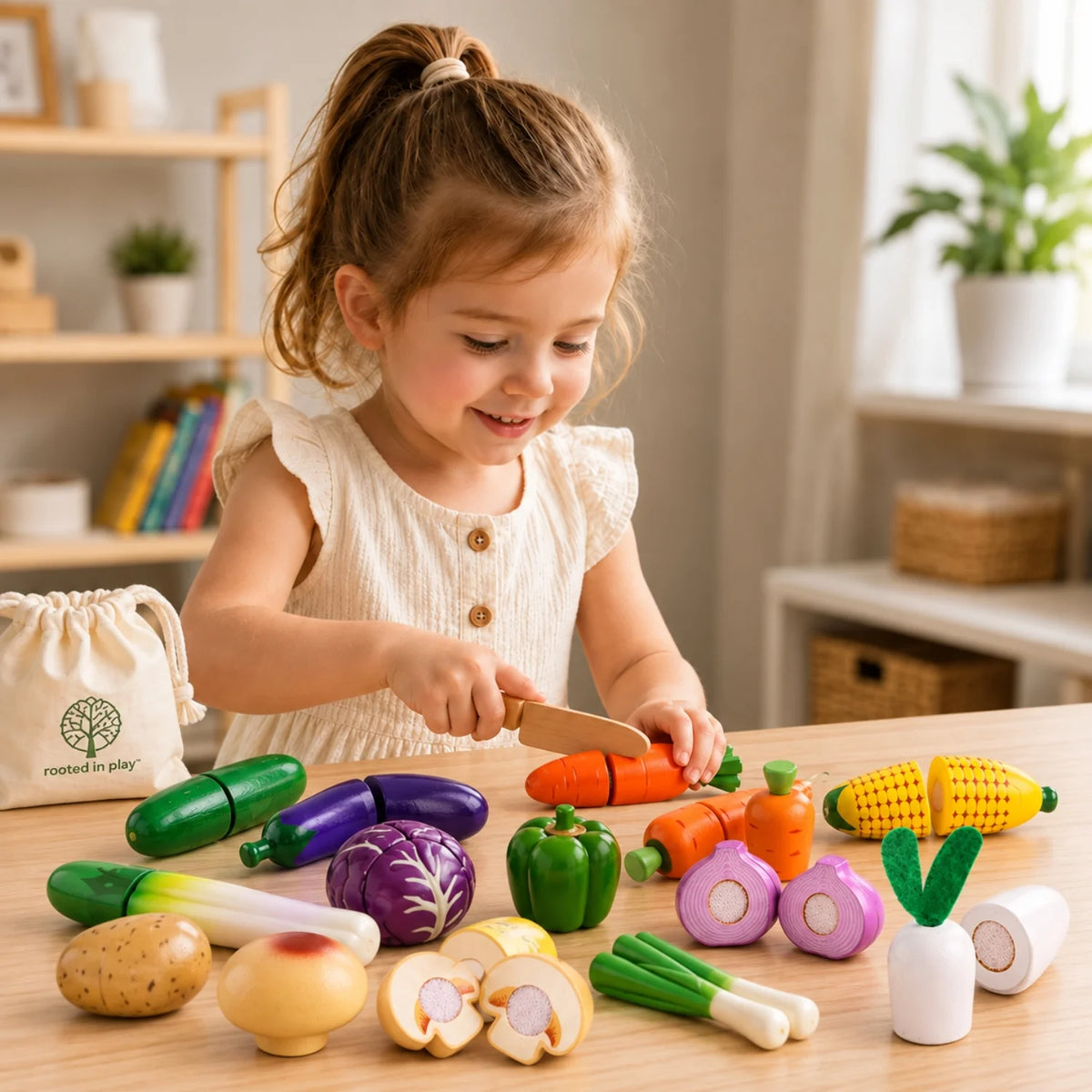 Wooden Fruit and Veggie Play Food Set for kids, featuring colorful, realistic pieces ideal for imaginative kitchen play and Montessori learning. 0