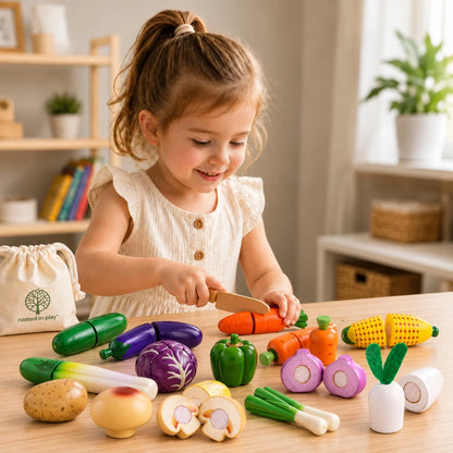 Wooden Fruit and Veggie Play Food Set for kids, featuring colorful, realistic pieces ideal for imaginative kitchen play and Montessori learning. 0