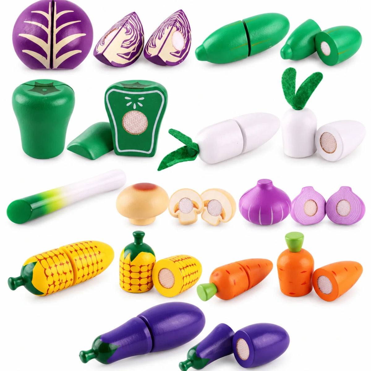 Wooden Fruit and Veggie Play Food Set for kids, featuring colorful, realistic pieces ideal for imaginative kitchen play and Montessori learning. 1