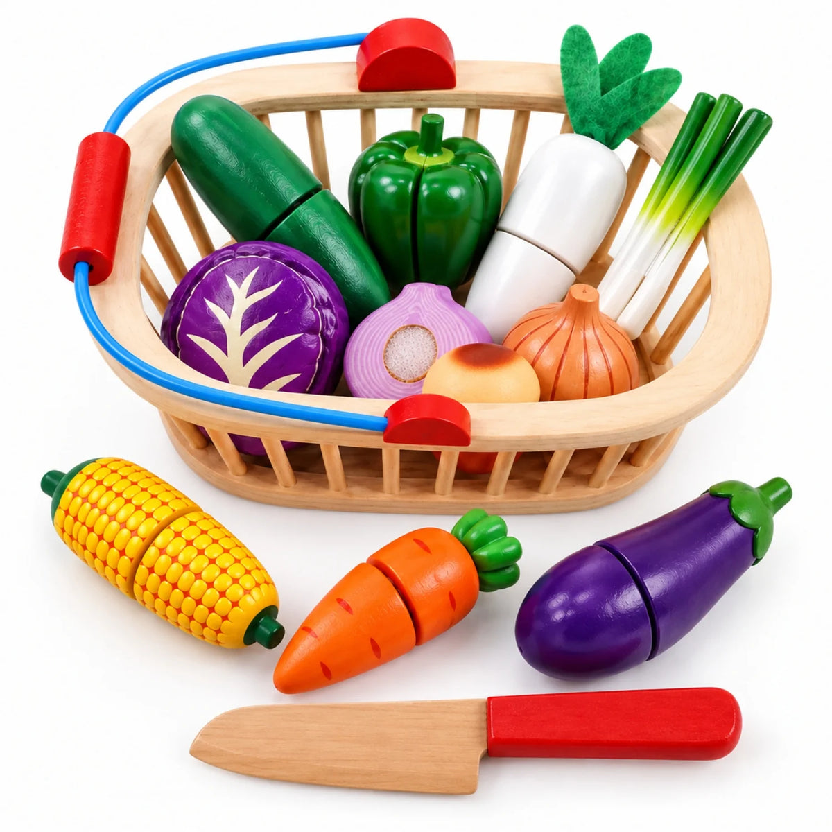 Wooden Fruit and Veggie Play Food Set for kids, featuring colorful, realistic pieces ideal for imaginative kitchen play and Montessori learning. 2