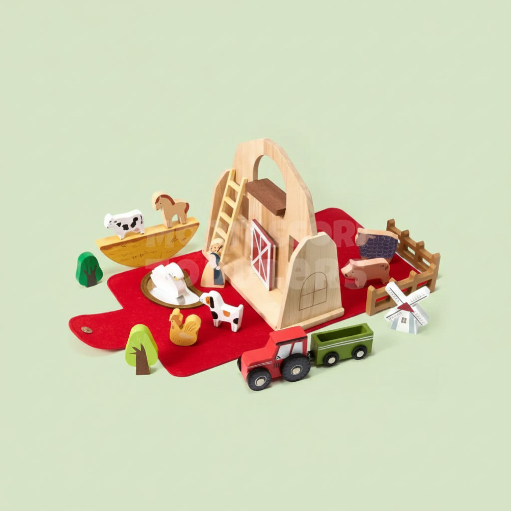 Wooden Travel Farm Playset featuring a barn-shaped case and assorted animal figures, perfect for imaginative play on the go. 0