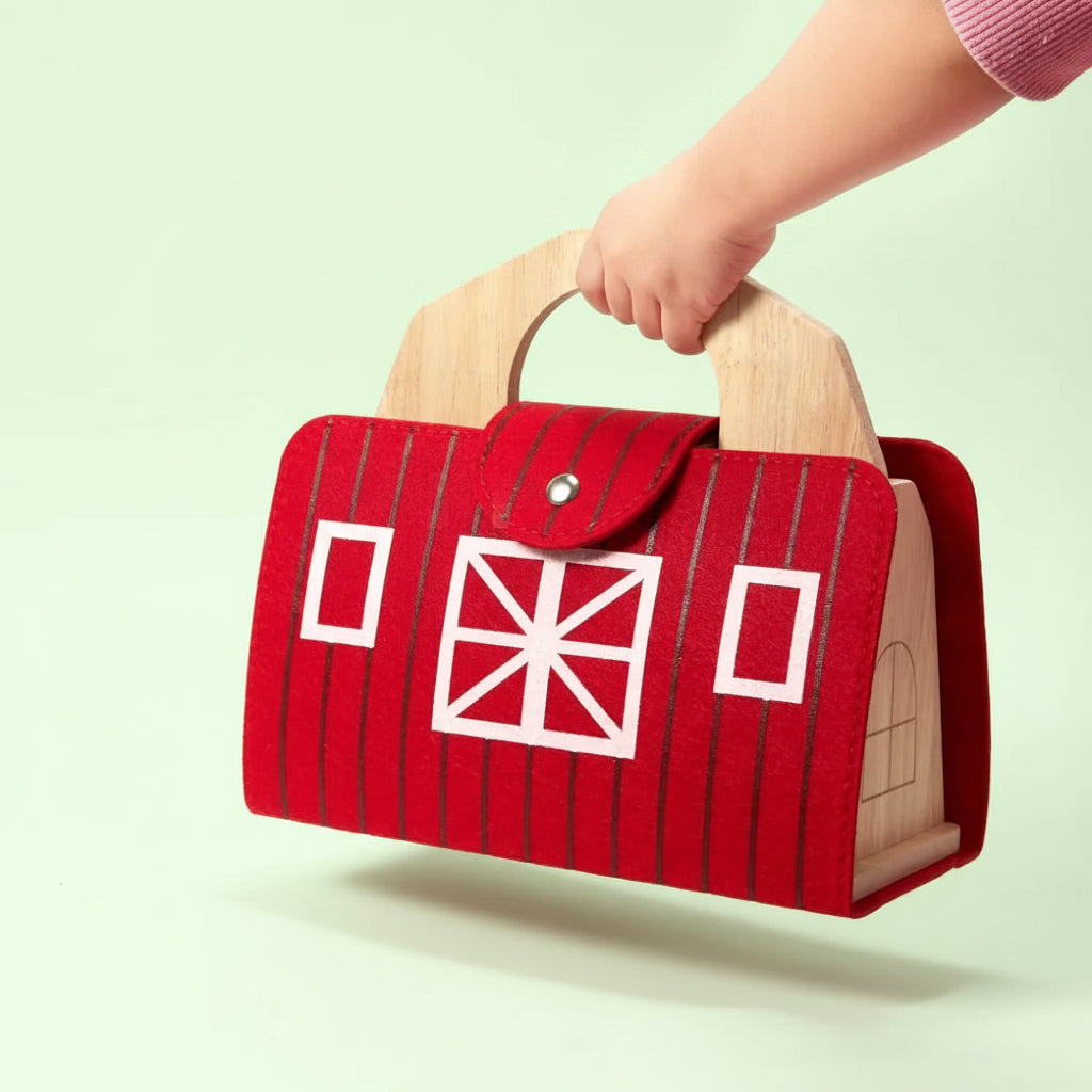 Wooden Travel Farm Playset featuring a barn-shaped case and assorted animal figures, perfect for imaginative play on the go. 4