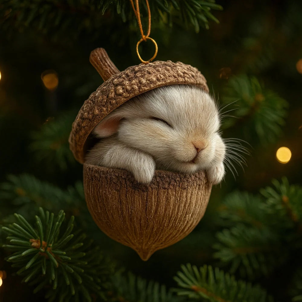 Woodland animal Christmas ornaments featuring acorn designs, available in rabbit, squirrel, owl, fox, cardinal, and hedgehog, perfect for nature 0