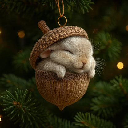 Woodland animal Christmas ornaments featuring acorn designs, available in rabbit, squirrel, owl, fox, cardinal, and hedgehog, perfect for nature 0