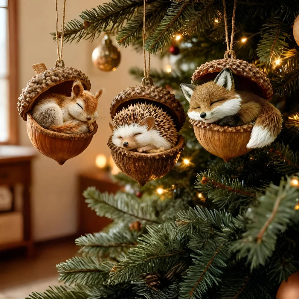 Woodland animal Christmas ornaments featuring acorn designs, available in rabbit, squirrel, owl, fox, cardinal, and hedgehog, perfect for nature 1