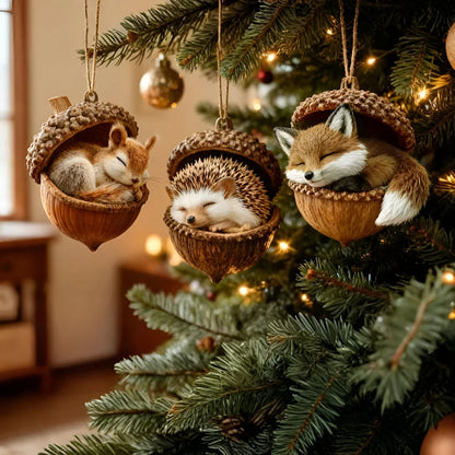 Woodland animal Christmas ornaments featuring acorn designs, available in rabbit, squirrel, owl, fox, cardinal, and hedgehog, perfect for nature 1
