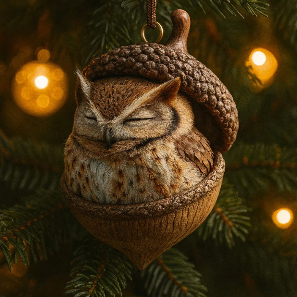Woodland animal Christmas ornaments featuring acorn designs, available in rabbit, squirrel, owl, fox, cardinal, and hedgehog, perfect for nature 10