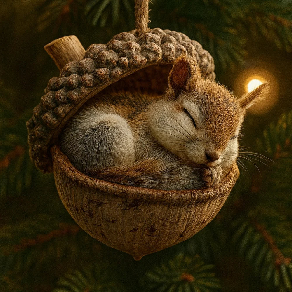 Woodland animal Christmas ornaments featuring acorn designs, available in rabbit, squirrel, owl, fox, cardinal, and hedgehog, perfect for nature 6