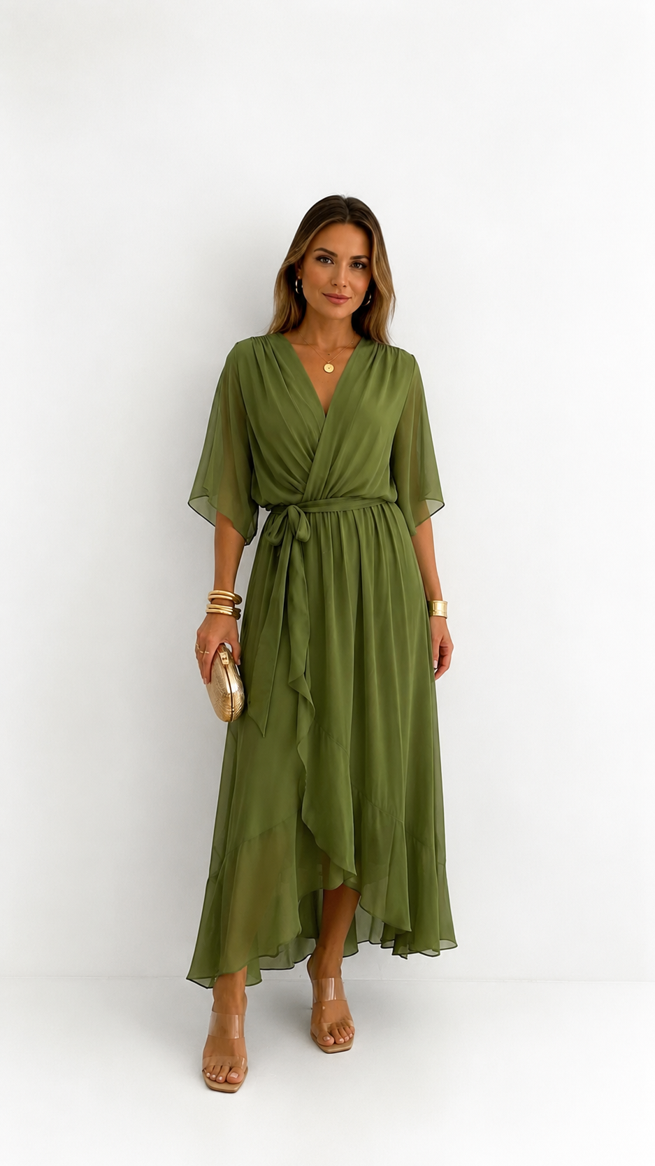 Elegant chiffon wrap maxi dress for women featuring flutter sleeves and an adjustable waist tie

 0