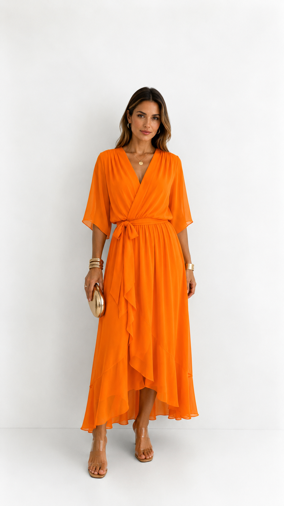 Elegant chiffon wrap maxi dress for women featuring flutter sleeves and an adjustable waist tie

 11