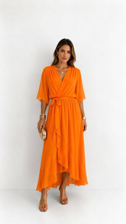 Elegant chiffon wrap maxi dress for women featuring flutter sleeves and an adjustable waist tie

 11