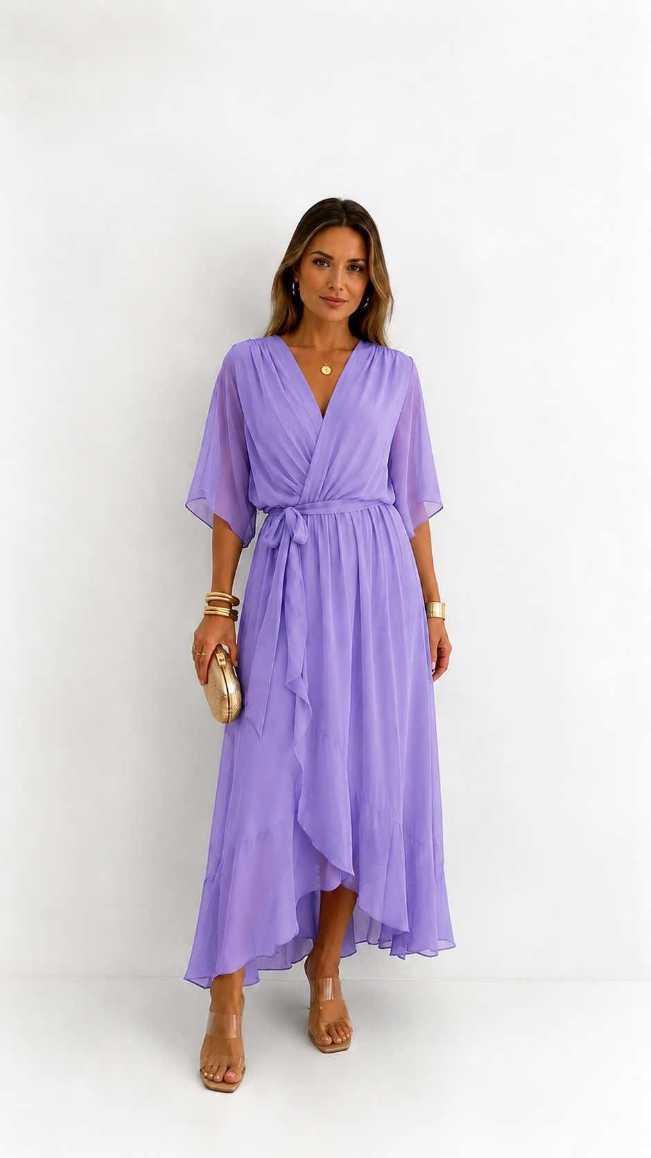 Elegant chiffon wrap maxi dress for women featuring flutter sleeves and an adjustable waist tie

 12
