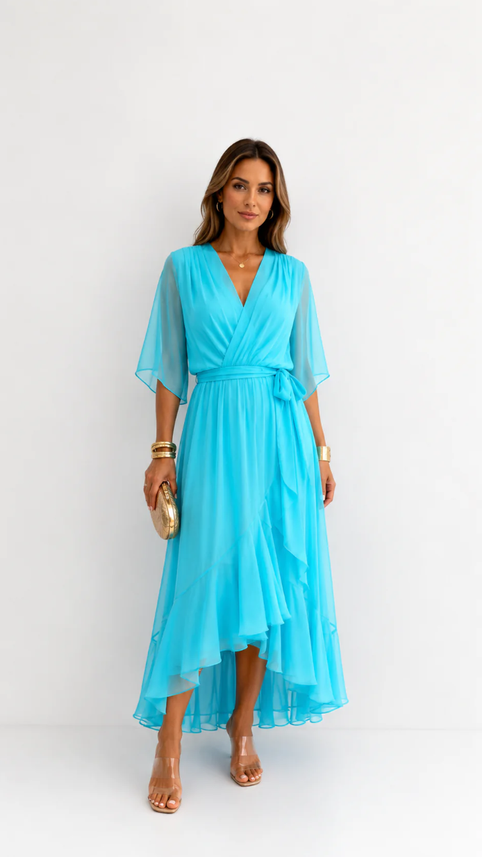 Elegant chiffon wrap maxi dress for women featuring flutter sleeves and an adjustable waist tie

 13
