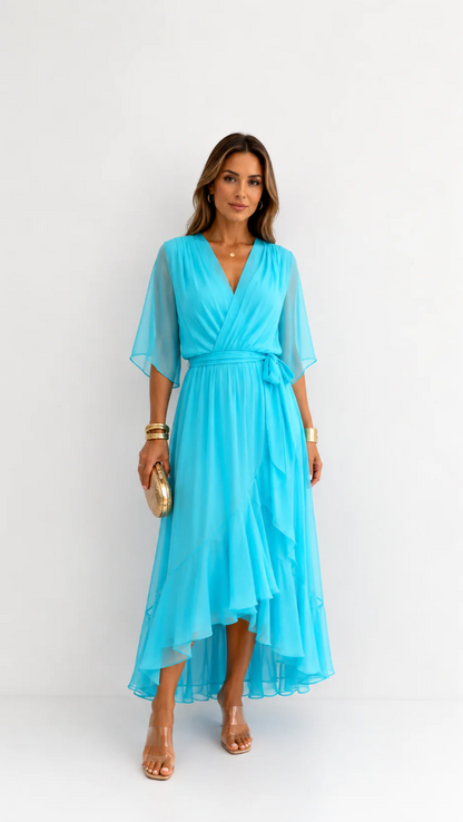 Elegant chiffon wrap maxi dress for women featuring flutter sleeves and an adjustable waist tie

 13
