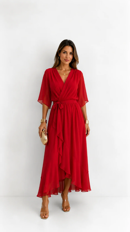 Elegant chiffon wrap maxi dress for women featuring flutter sleeves and an adjustable waist tie

 14