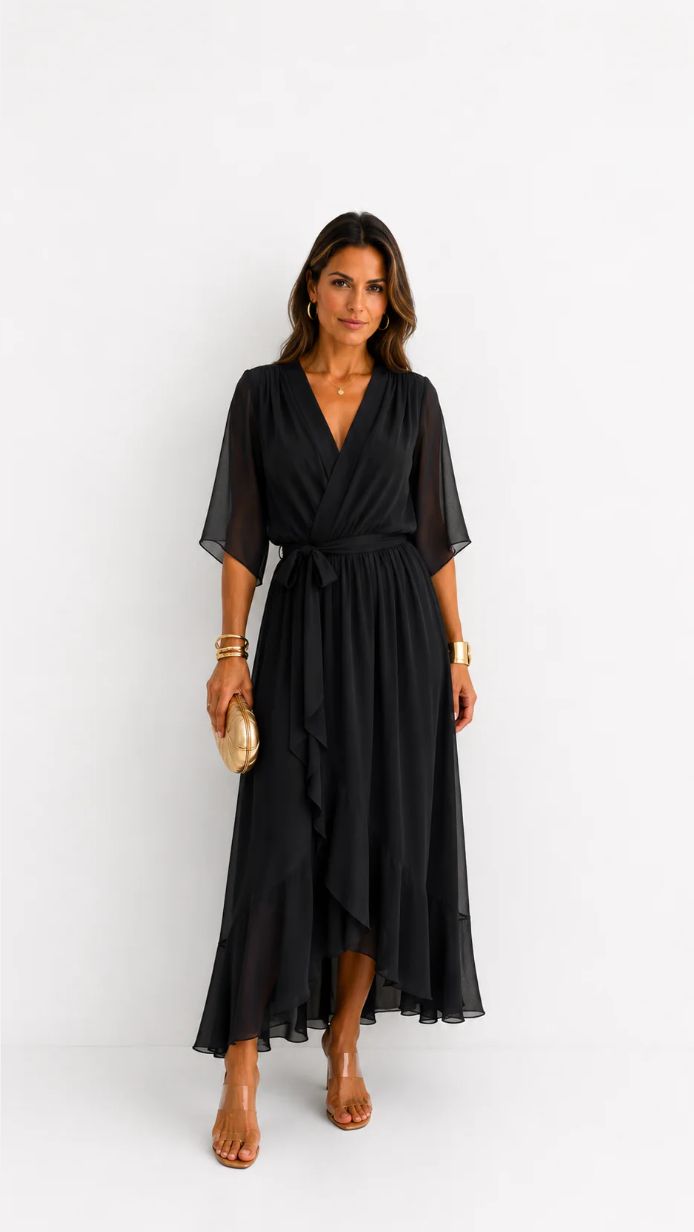 Elegant chiffon wrap maxi dress for women featuring flutter sleeves and an adjustable waist tie

 4