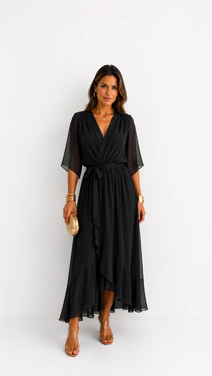 Elegant chiffon wrap maxi dress for women featuring flutter sleeves and an adjustable waist tie

 4