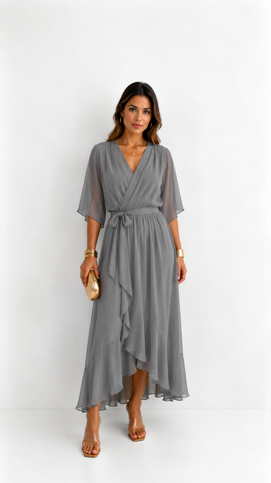 Elegant chiffon wrap maxi dress for women featuring flutter sleeves and an adjustable waist tie

 9