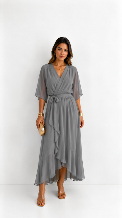 Elegant chiffon wrap maxi dress for women featuring flutter sleeves and an adjustable waist tie

 9