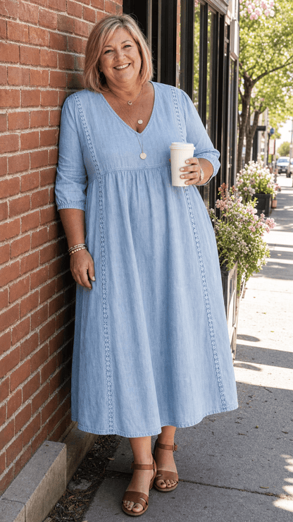 A-Line Maxi Dress featuring a stylish patchwork design and elegant lace trim, perfect for women seeking a lightweight and breathable long dress for any occasion. 0