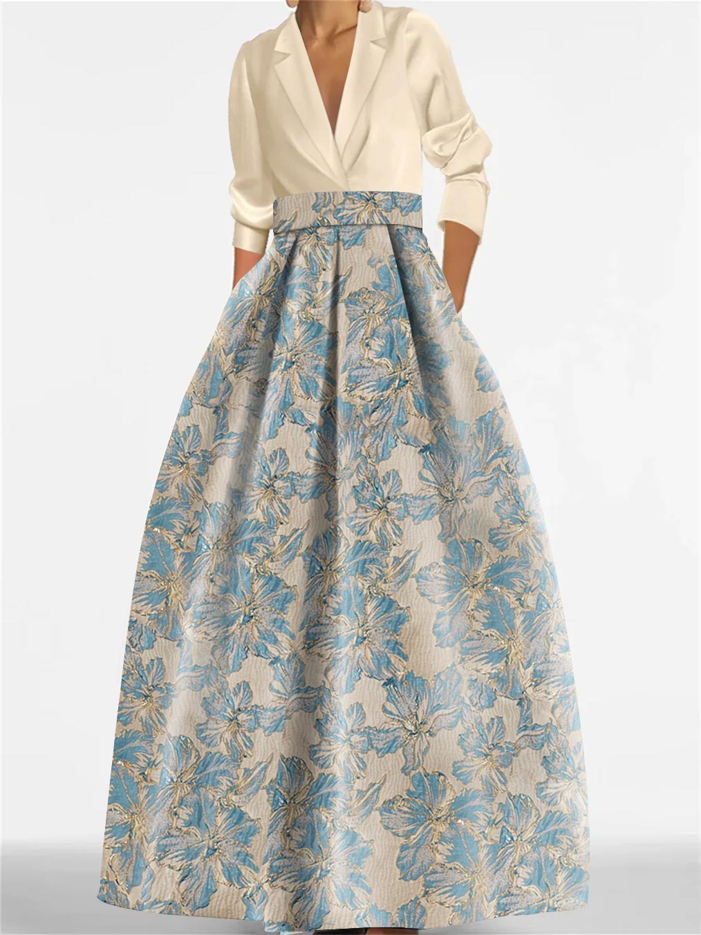 Elegant A-Line Mother of the Bride dress featuring 3/4 sleeves and a delicate floral print, perfect for a stylish wedding ensemble. 0