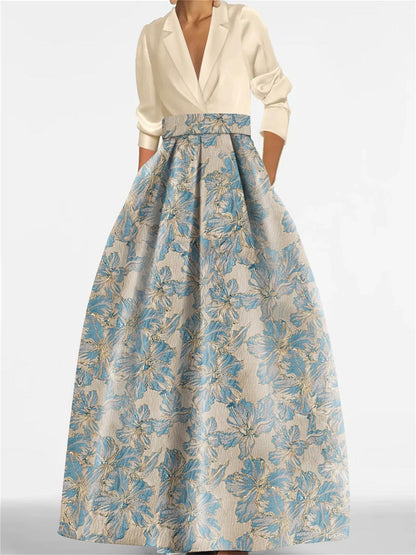 Elegant A-Line Mother of the Bride dress featuring 3/4 sleeves and a delicate floral print, perfect for a stylish wedding ensemble. 0