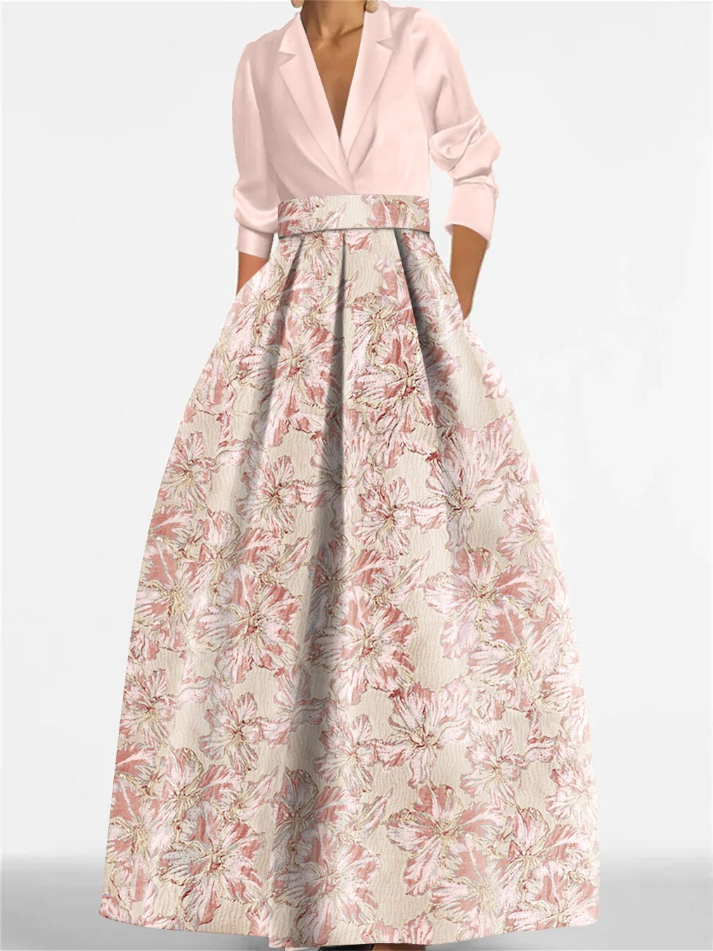 Elegant A-Line Mother of the Bride dress featuring 3/4 sleeves and a delicate floral print, perfect for a stylish wedding ensemble. 10