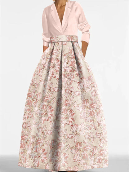 Elegant A-Line Mother of the Bride dress featuring 3/4 sleeves and a delicate floral print, perfect for a stylish wedding ensemble. 10